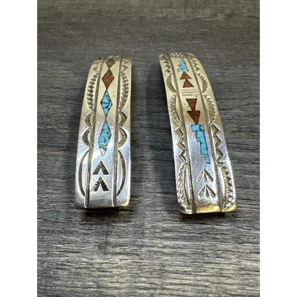 2 Vtg Navajo Native Stamped Sterling Turquoise Coral Inlay Hair Clip Barrette 3”
